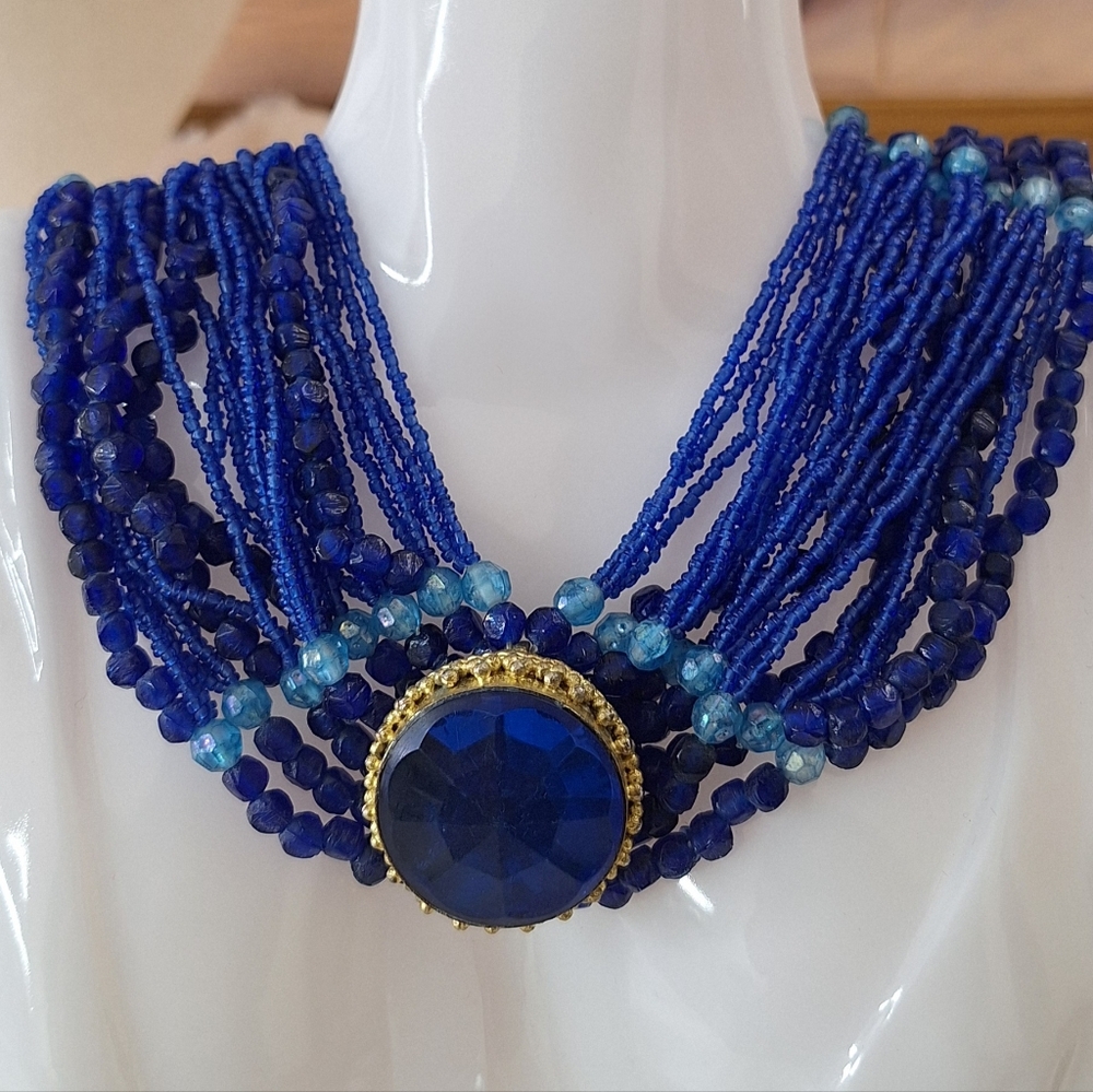 Chunky Multi Strand Blue Seed Bead Necklace & Large Center Pendant & Earrings